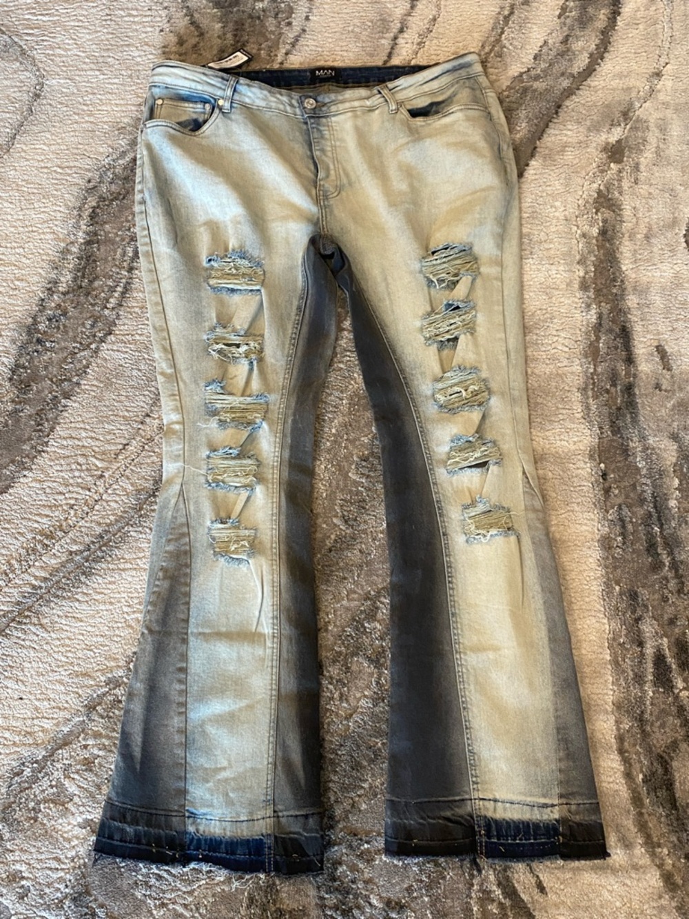 boohooMAN Plus Ripped Gusset Skinny Flared Jeans | vintage wash size 40